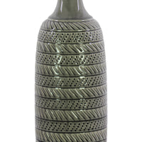 Lidded Ceramic Bottle Vase With Engraved Parallel Design, Large, Light Gray