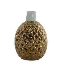 Ceramic Vase With Engraved Double Diamond Pattern, Gold And White