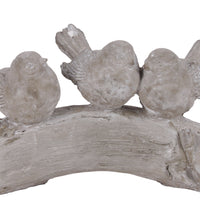 Three Bird Figurines Sitting On Branch In Concrete Finish, Gray