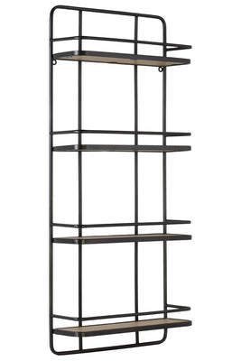 Metal Wall Shelf with 4 Wooden Tier , Metallic Gunmetal Gray