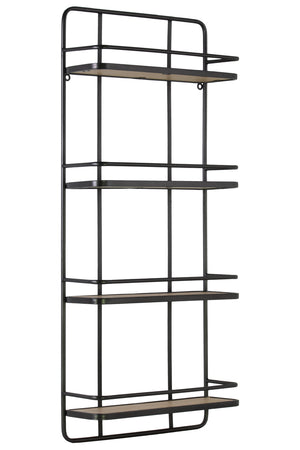 Metal Wall Shelf with 4 Wooden Tier , Metallic Gunmetal Gray