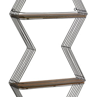 Hexagonal Shape 2 Tier Metal And Wood Wall Shelf, Metallic Gray