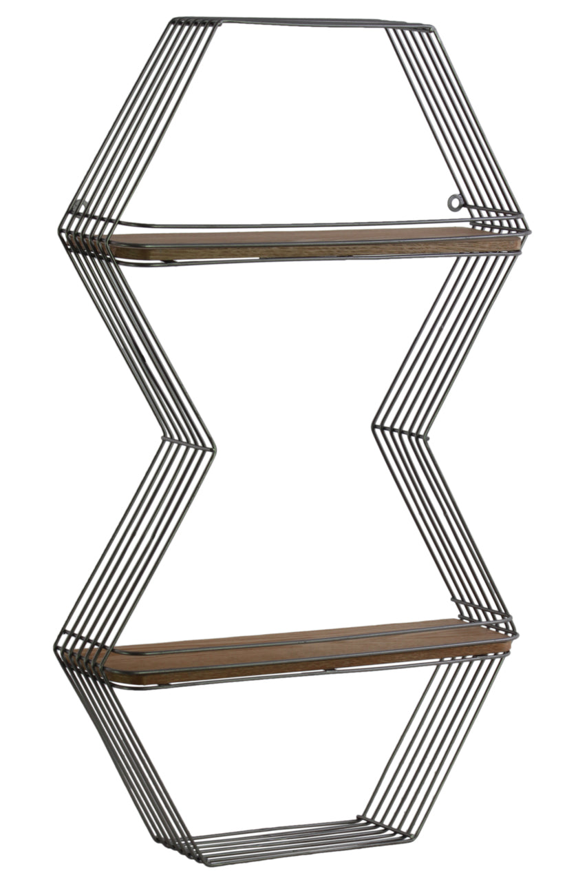 Hexagonal Shape 2 Tier Metal And Wood Wall Shelf, Metallic Gray