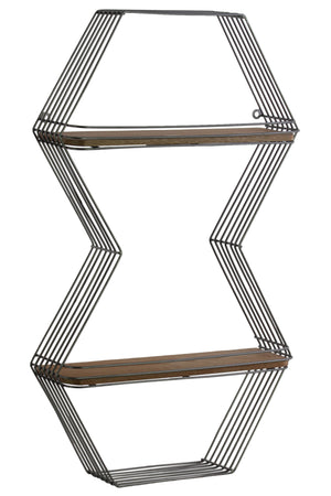 Hexagonal Shape 2 Tier Metal And Wood Wall Shelf, Metallic Gray