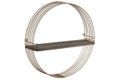 Round Shape Metal And Wood Wall Shelf, Metallic Gold