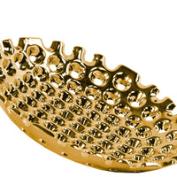 Perforated Patterned Round Concave Tray In Ceramic, Small, Chrome Gold