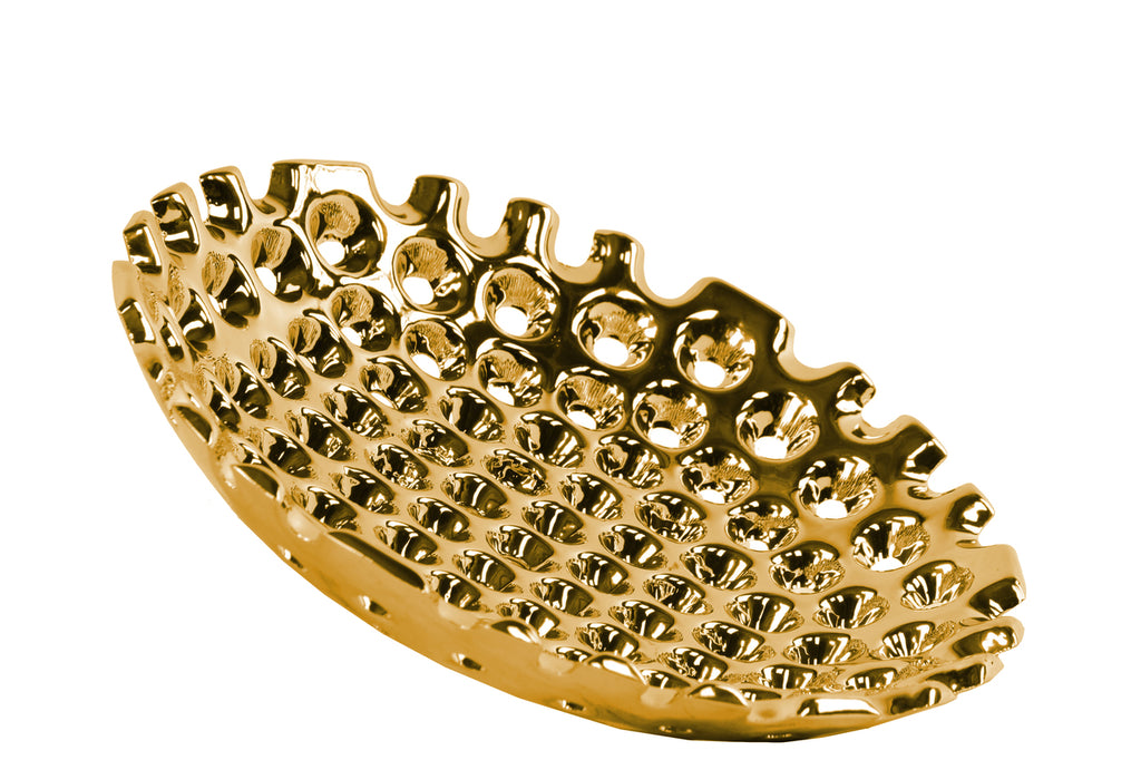 Perforated Patterned Round Concave Tray In Ceramic, Small, Chrome Gold