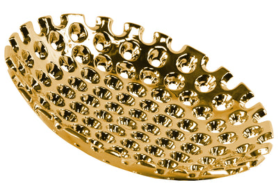 Perforated Patterned Round Concave Tray In Ceramic, Large, Chrome Gold