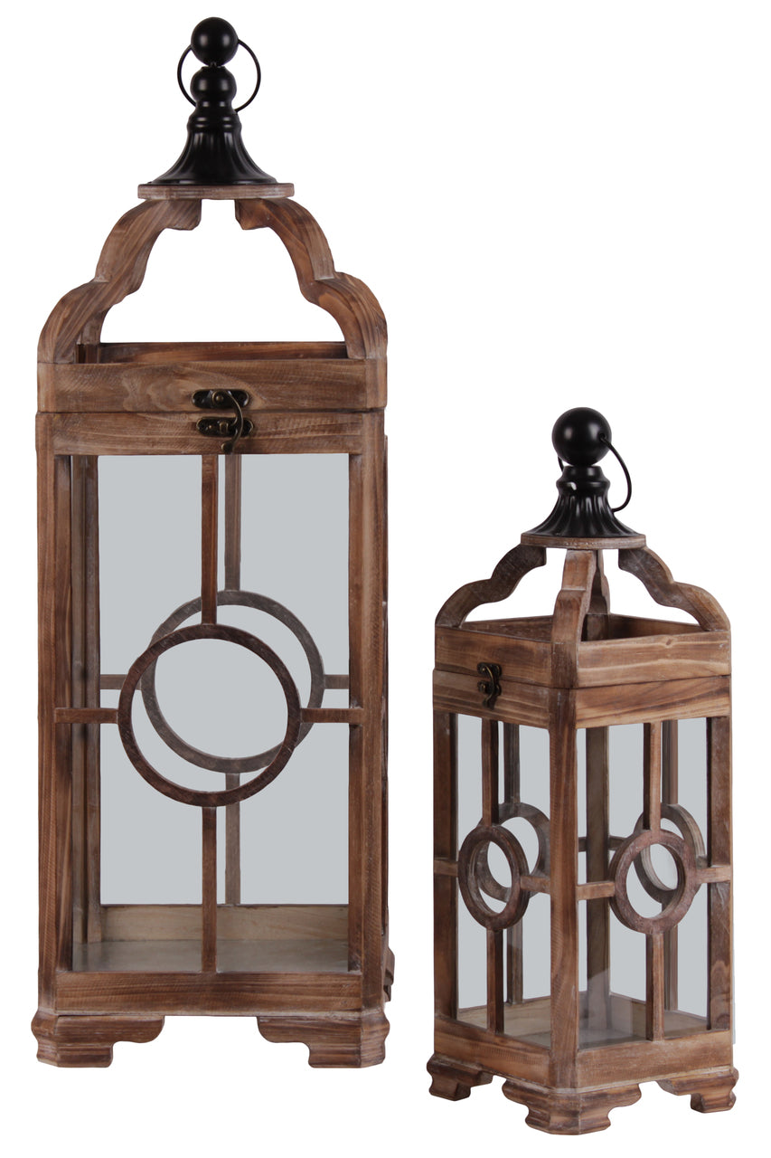 Wooden Square Lantern With Metal Round Finial Top And Circle Design, Set of 2, Brown