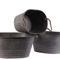 Oval Shape Metal Planter With Rope Handles, Set of 3, Galvanized Gray