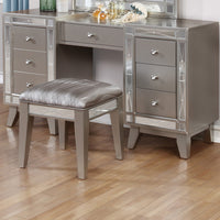 Wooden Set of Vanity and Stool with Mirrored Accents, Mercury Silver