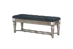 Traditional Solid Wood Bench With Tufted Seat, Silver and Blue