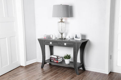 Wooden Sofa Table with Swooping Curled Legs, Gray