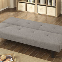 Fabric Upholstered Futon Sofa With Reversible End Table, Gray