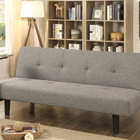 Fabric Upholstered Futon Sofa With Reversible End Table, Gray