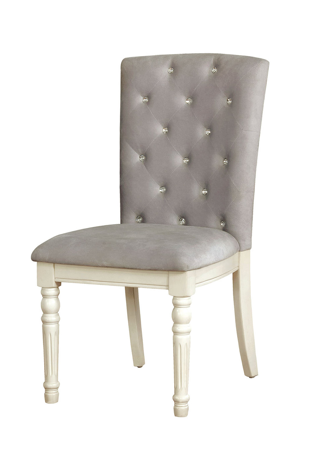 Button Tufted Fabric Upholstered Wooden Side Chair,Pack Of Two, White And Gray