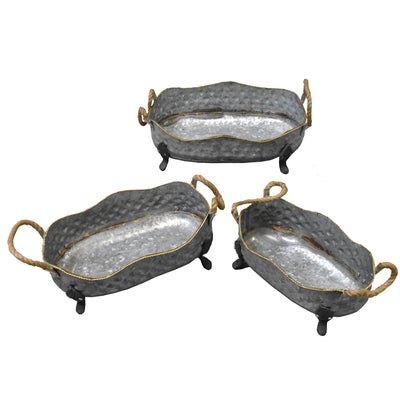 Three Piece Rustic Style Metal Planters With Flared Leg And Rope Handles, Gray