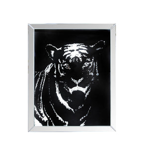 Mirror framed Tiger Wall Decor With Crystal Inlays, Black & Silver