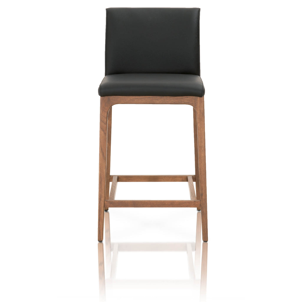 Wooden Counter Stool With Faux Leather Upholstered Seating, Black and Brown