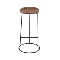 Round Iron Base Bar Stool With Acacia Wood Seat, Brown and Black