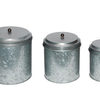 Galvanized Metal Lidded Canister With Ribbed Pattern, Set of Three, Gray