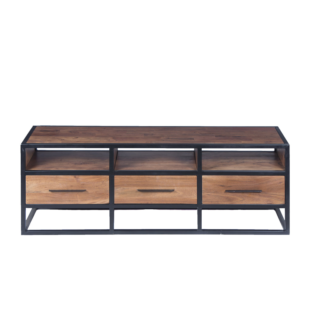 Spacious Acacia Wood Tv Unit With Metal Frame, Walnut Brown and Black