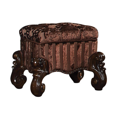 Tufted Fabric Upholstered Wooden Vanity Stool with Scrolled Legs, Cherry Oak brown