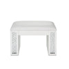 Mirrored Rectangular Wooden Vanity Stool With Padded Seat, Ivory And Silver