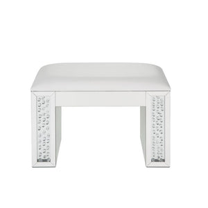 Mirrored Rectangular Wooden Vanity Stool With Padded Seat, Ivory And Silver