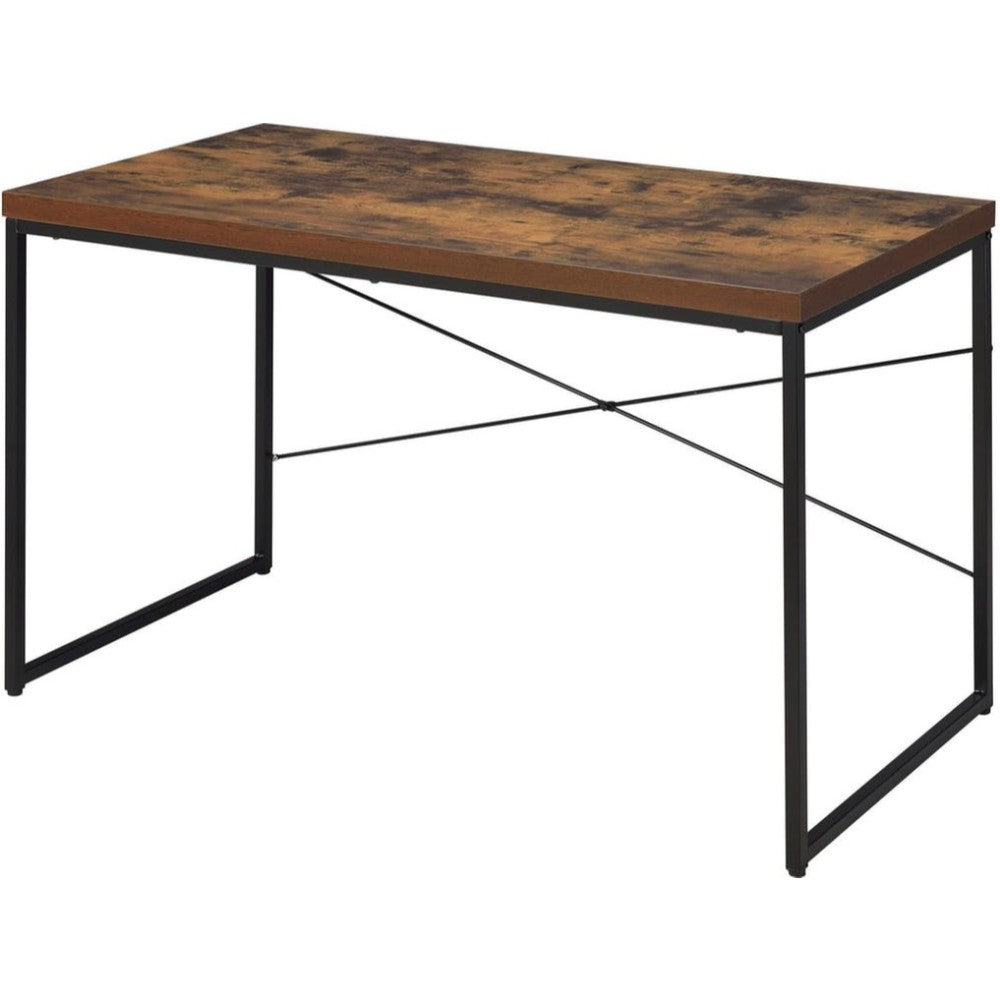 Rectangular Wooden Desk With Metal Base, Weathered Oak Brown And Black