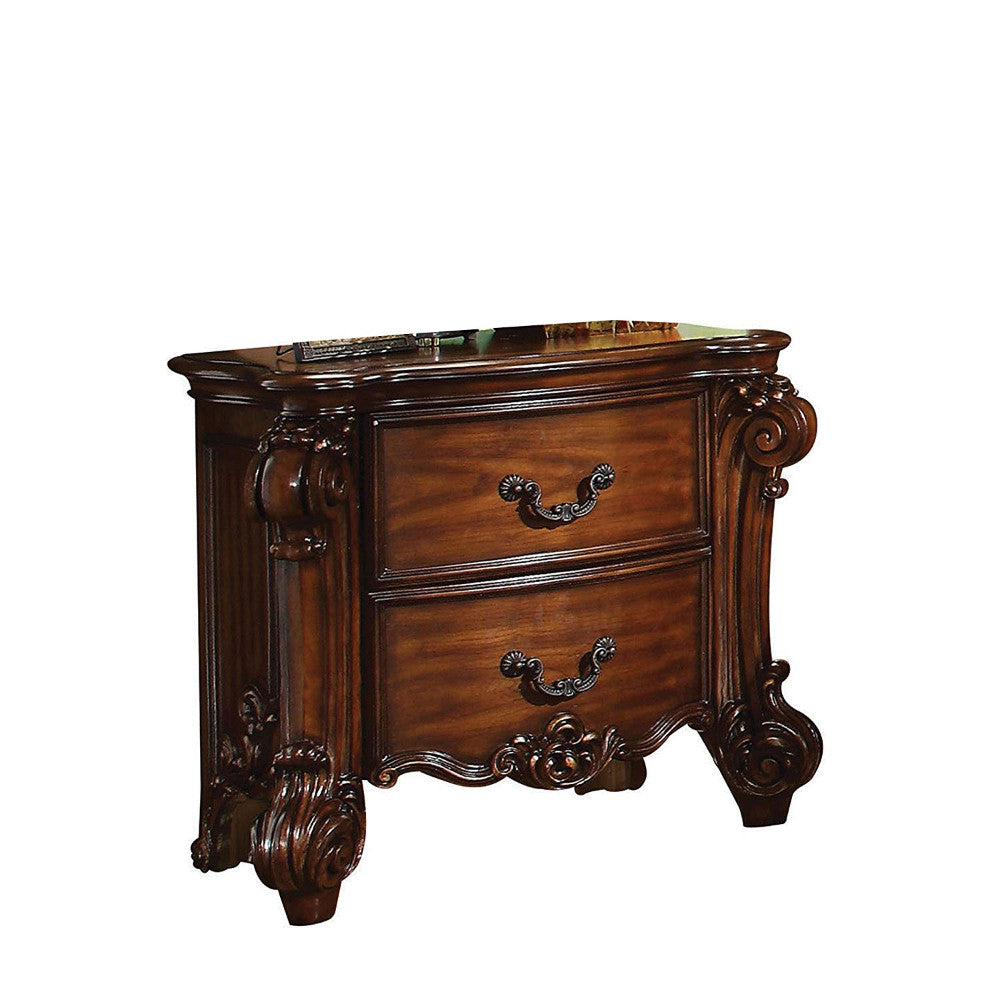 Traditional Style Wooden Nightstand with Two Drawers, Cherry Brown