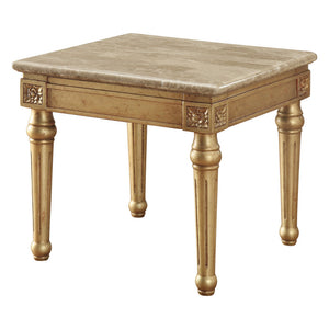 Marble Top End Table With Fluted Detail Wooden Turned Legs, Gold