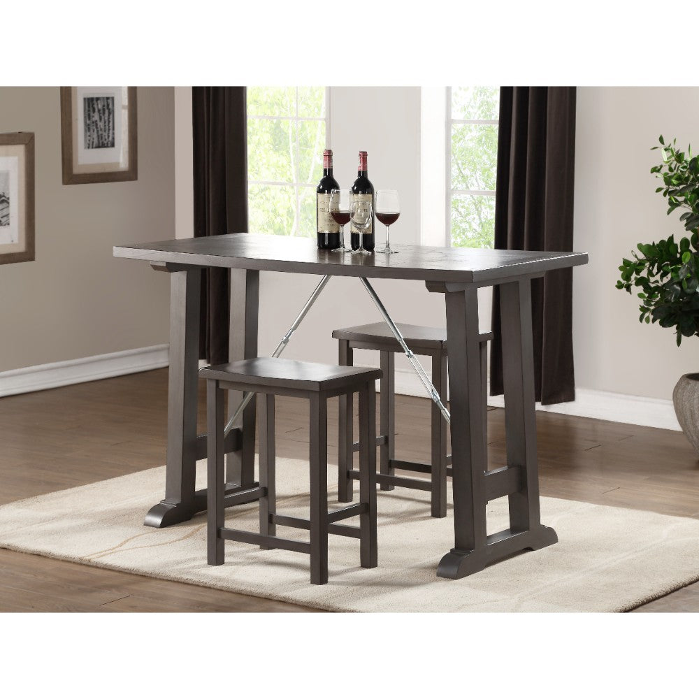 Transitional Style Wooden Counter Height Set, Gray and Silver, Pack of 3