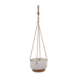 Ceramic Speckled Texture Planter with Attached Hanging Rope, White and Brown