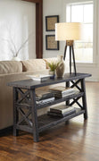 Slatted Two Tier Console table with Cross Side Panels, Rustic Cafe Brown