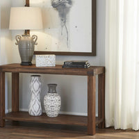 Rectangular Console Table with Tenon Corner Joints and Bottom Shelf , Brick Brown