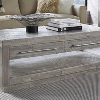 Two Drawer and One Bottom Shelf Coffee Table with Metal Handle Pull, Rustic Latte Gray