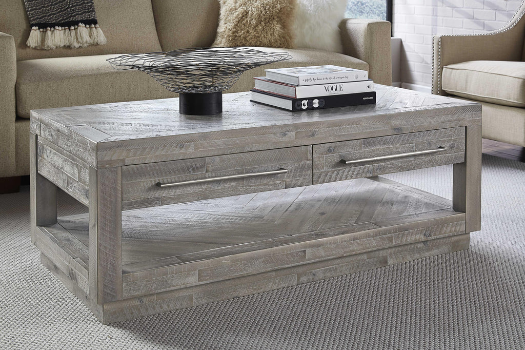 Two Drawer and One Bottom Shelf Coffee Table with Metal Handle Pull, Rustic Latte Gray