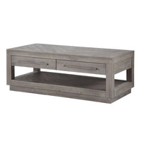 Two Drawer and One Bottom Shelf Coffee Table with Metal Handle Pull, Rustic Latte Gray