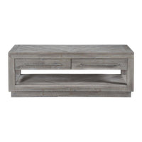 Two Drawer and One Bottom Shelf Coffee Table with Metal Handle Pull, Rustic Latte Gray