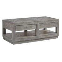 Two Drawer and Bottom Shelf Coffee Table with Flattened Base, Rustic Latte Gray