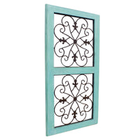 Traditional Mango Wood Framed Wall Panel with Metal Scroll Work Details, Green and Brown