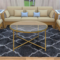 Round Metal Coffee Table With Glass Top and X Shape Base, Gold and Clear