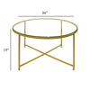 Round Metal Coffee Table With Glass Top and X Shape Base, Gold and Clear