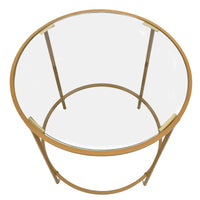 Contemporary Style Round Metal Framed End Table with Glass Top, Gold and Clear