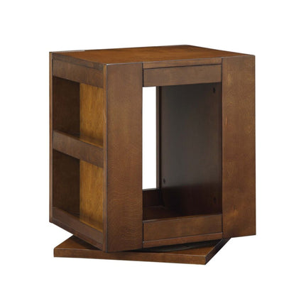 Swivel Base Wood Veneer End Table with Side Magazine Rack, Espresso Brown