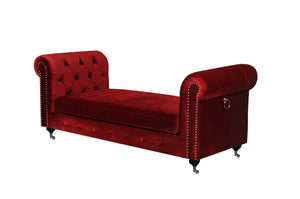 Velvet Upholstered Bench with Nail Head Trim and Steel Casters, Red and Silver