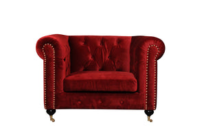 Fabric Upholstered Wooden Sofa Chair with Nail Head Trim and Steel Casters, Red