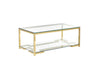 Glass Coffee Table with Geometric Metal Base and Open Shelf, Gold and Clear