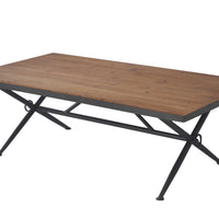 Solid Wood Rectangular Coffee Table with Steel Trestle Base and Wheel Detailing, Brown and Black